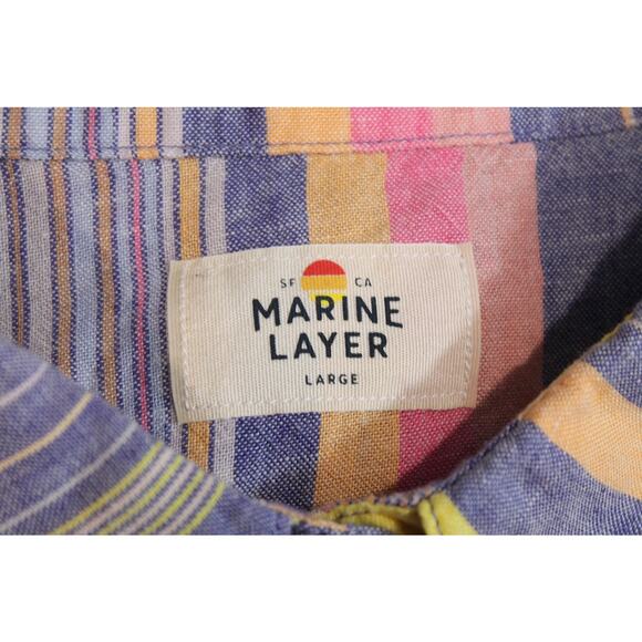 Marine Layer Top Womens L Linen Blend Short Sleeve Striped Button Up Cap Sleeve - Picture 5 of 9